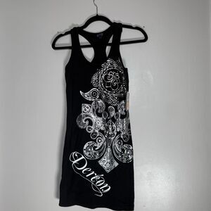 NWT Dereon Black Racerback Bodycon Dress Silver Filigree Graphic Y2K